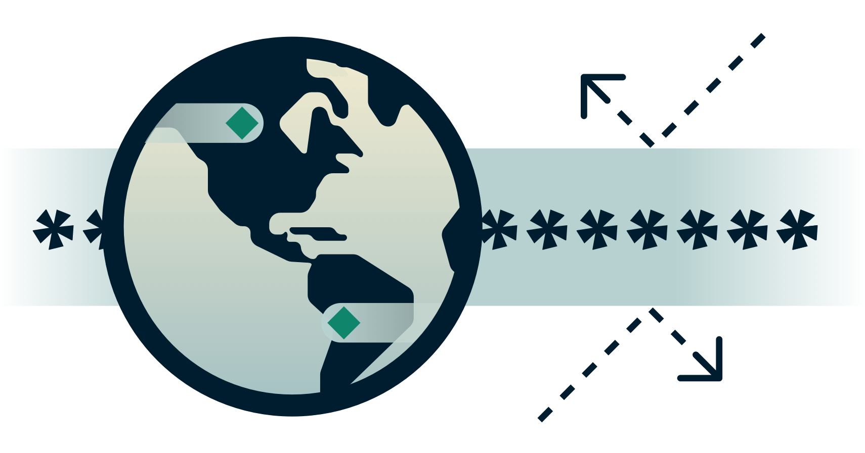 Jordglob med krypterad tunnel med pilar som studsar mot den.