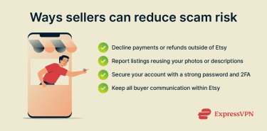 Ways sellers can reduce scam risk, like declining payments outside of Etsy, reporting listing reusing photos, securing accounts, and keeping all communication on Etsy.