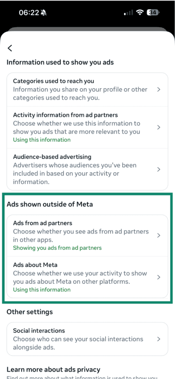 The "Ads shown outside of Meta" menu item highlighted on Facebook mobile.