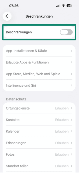 Content & Privacy Restrictions screen with toggle switched off.