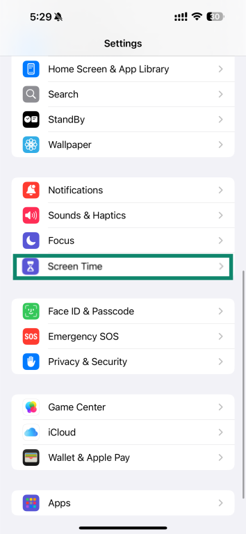iPhone Settings with Screen Time highlighted.