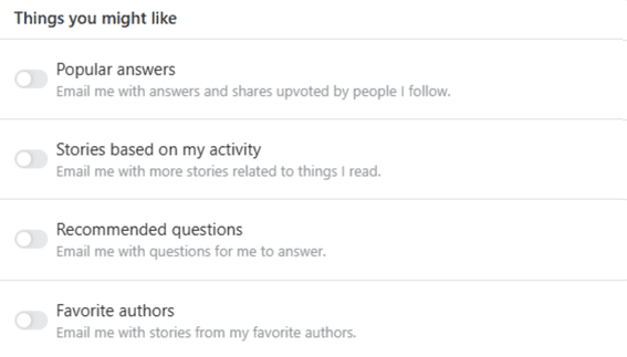 The Quora email notification sliders for things you might like.