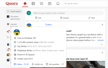 A Quora user profile window is open.