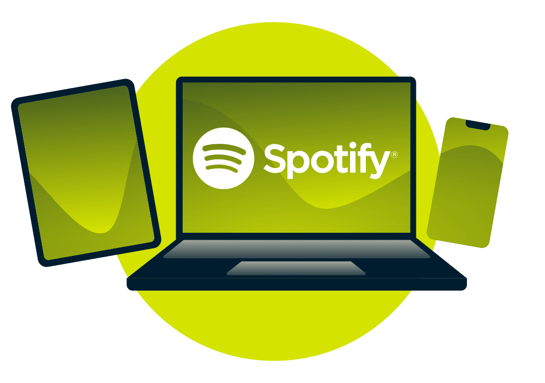 Ein Laptop, ein Tablet und ein Telefon mit dem Spotify-Logo.