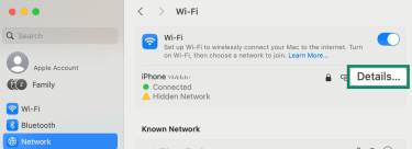 Mac Wi-Fi settings with a Details button highlighted.