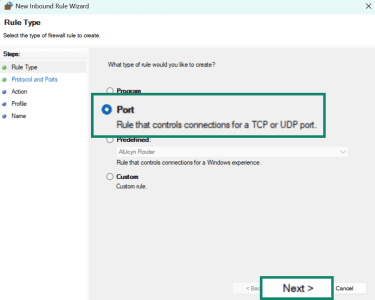Windows New Inbound Rule Wizard with Port option highlighted.