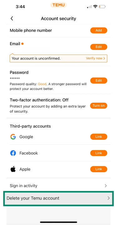 Temu Account security settings screen with Delete your Temu account highlighted.