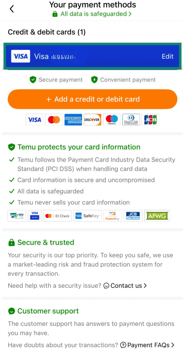 Temu payment methods with Visa card highlighted.