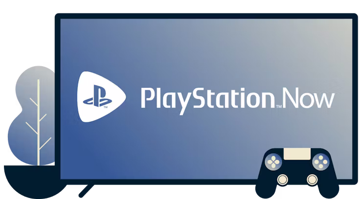 Bildschirm mit dem PlayStation Now-Logo, ein Controller und eine Pflanze