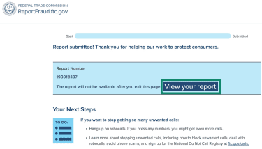 Fraud report submitted on FTC's portal successfully.