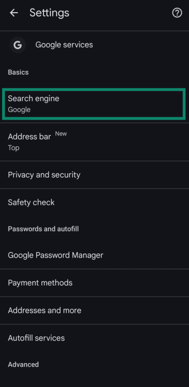 Chrome Android settings with Search engine highlighted.