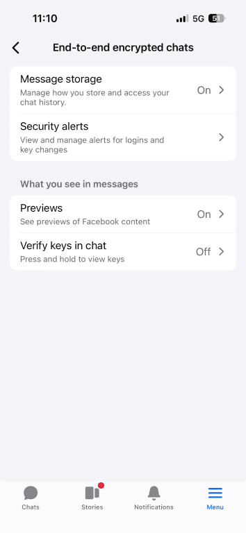 The message storage page of the end-to-end encrypted chats menu in Messenger.