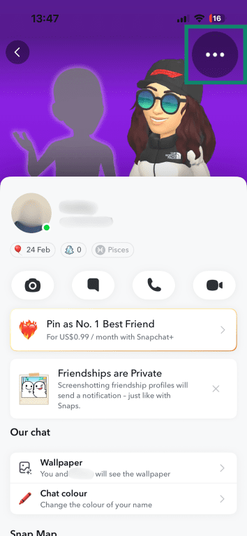 Snapchat profile screen showing Bitmoji avatar, friendship details, and manage options on purple background.