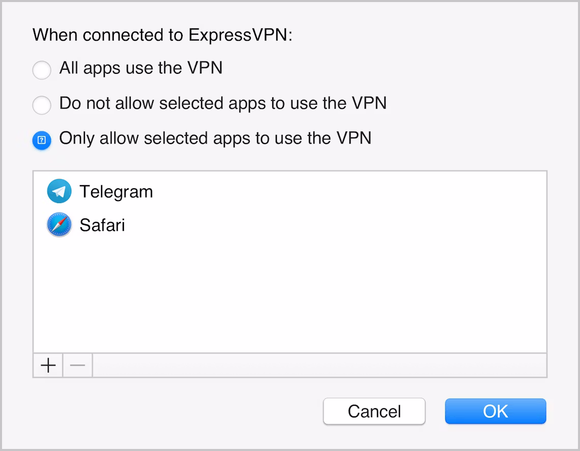 Interface de l'appli ExpressVPN pour Mac affichant uniquement les applis sélectionnées protégées par le VPN.