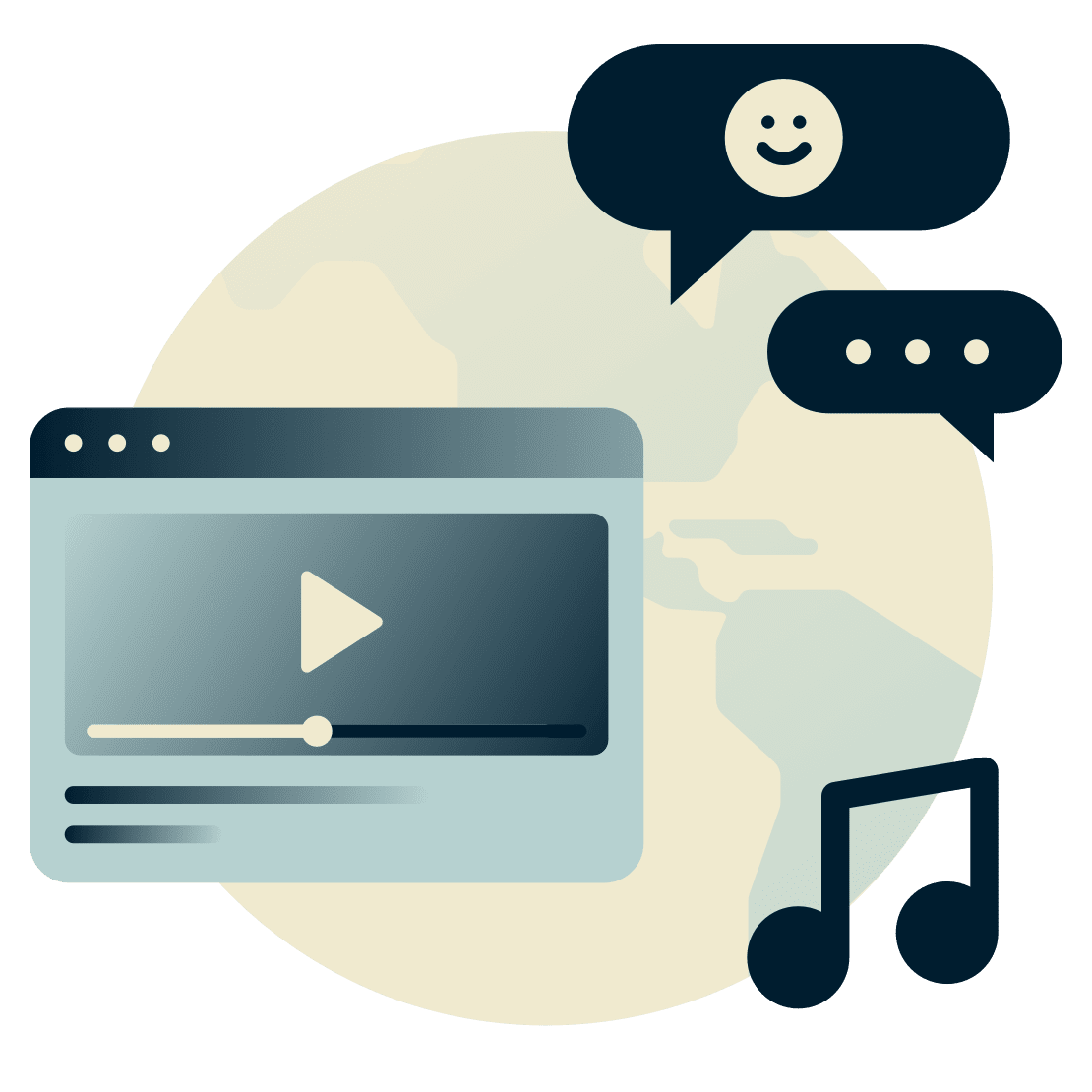 Globus mit Videoplayer, Musik und Chat.