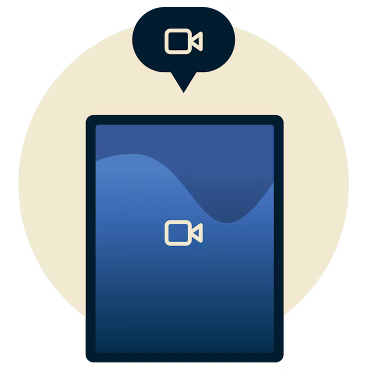 Videochat en un teléfono: La tableta muestra un icono de vídeo con un globo de diálogo que muestra un icono de vídeo encima.