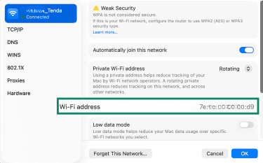 Apple network settings, showing how to view the device's MAC address.