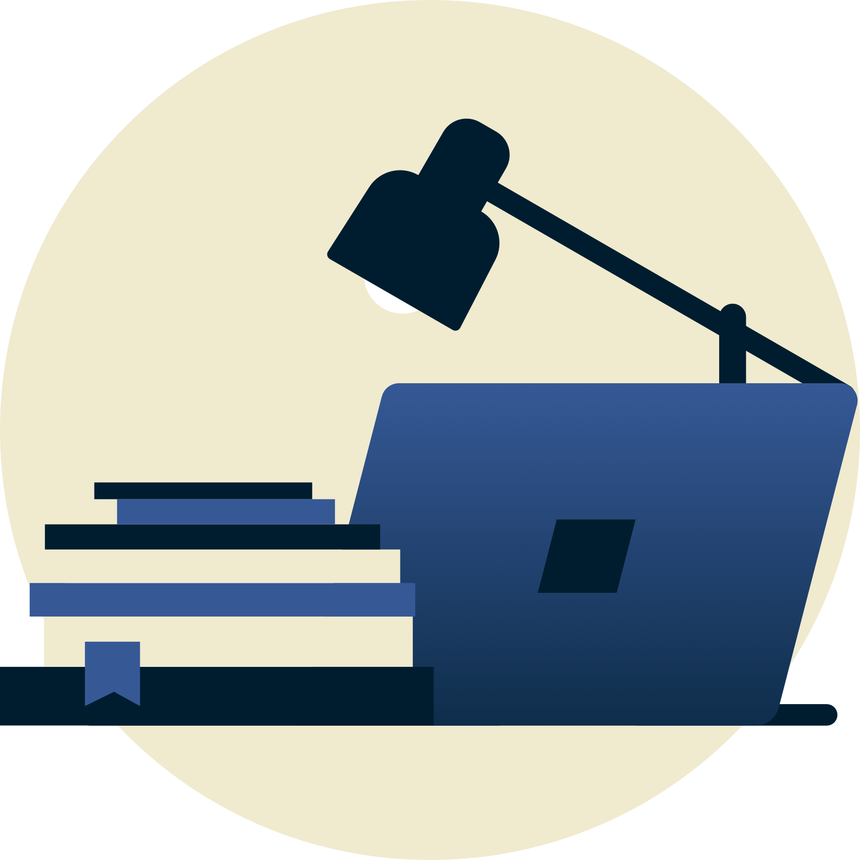 Eine Lampe über Schulbüchern und ein von Ihnen abgewandter Laptop.