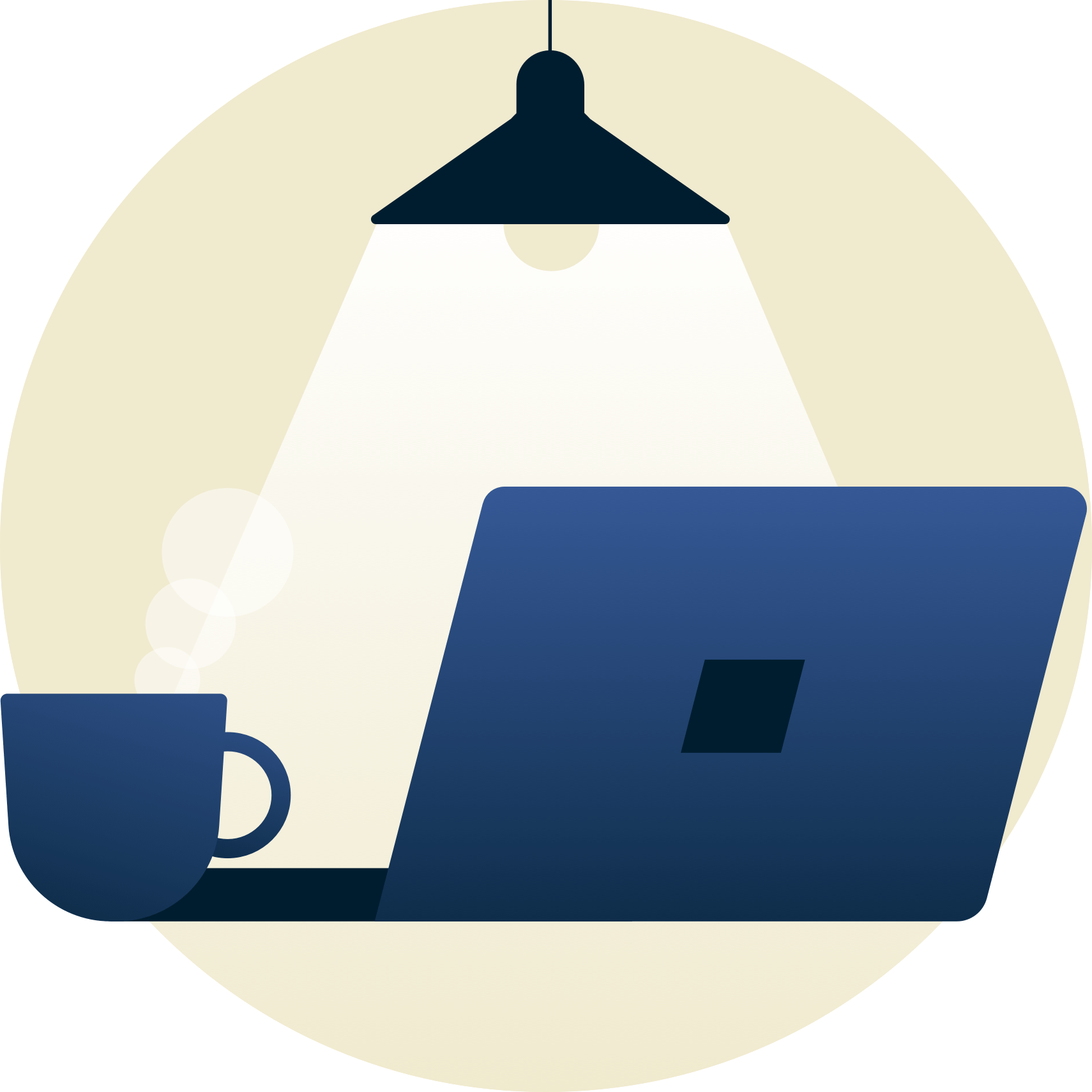 Eine Lampe leuchtet auf einen von Ihnen abgewandten Laptop. 