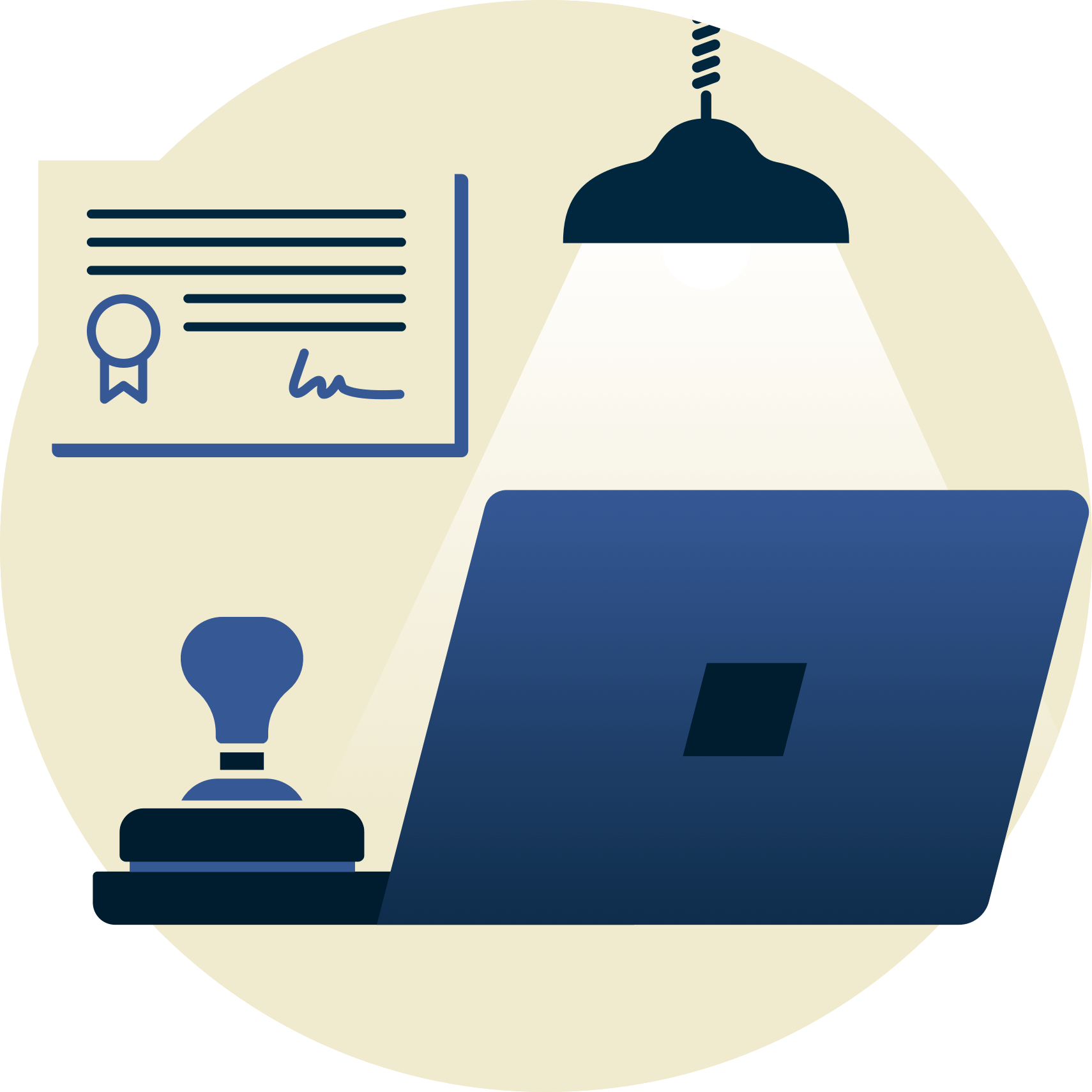 Lampe über einem Stempel und einem Laptop, mit einem Zertifikat im Hintergrund.