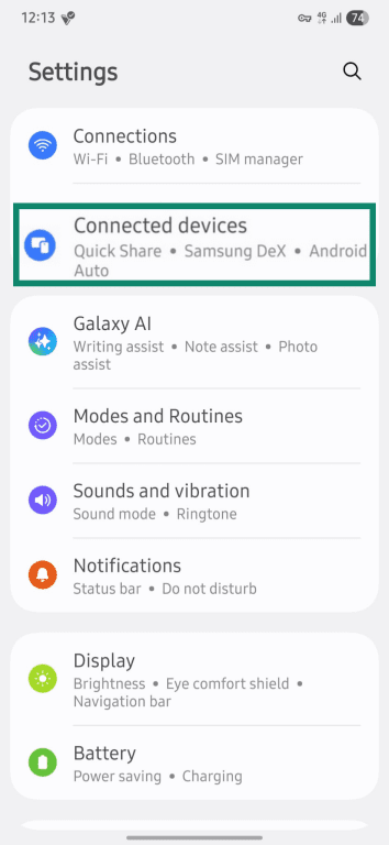 Connected devices highlighted under Settings in Android.