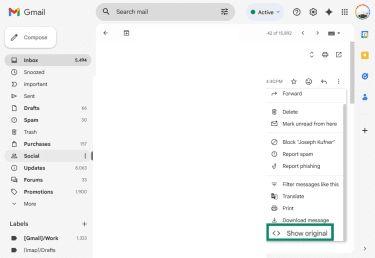 The Gmail email menu is open and Show Original is highlighted.
