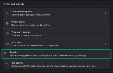 Selecting the Security option in Chrome settings.