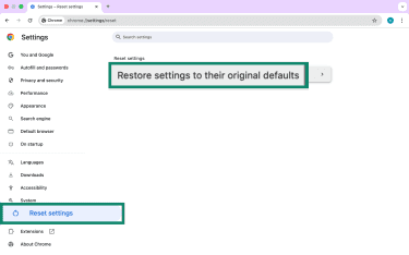 Restore settings to their original defaults in Google Chrome on desktop.