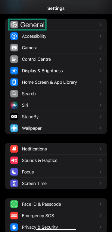 Opening the General menu through the Settings menu of iOS.