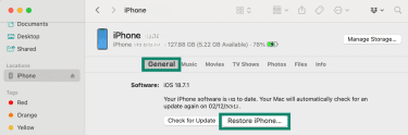 iPhone section on Mac Finder app with General and Restore iPhone highlighted.