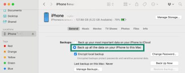 iPhone section on Mac Finder app with backup option highlighted.