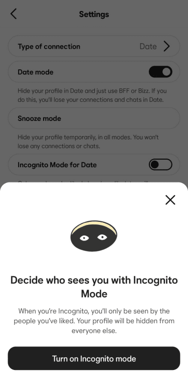 Bumble Settings screen with an Incognito Mode pop-up explaining that only people you have liked can see your profile, with a “Turn on Incognito mode” button.