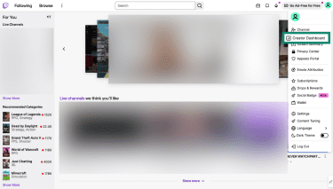 Twitch profile dropdown menu with Creator Dashboard option highlighted.