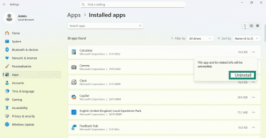 Windows Installed app settings with Uninstall button highlighted.