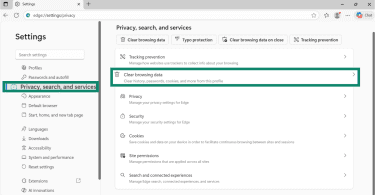 Microsoft Edge Privacy, search, and services settings with Clear browsing data option highlighted.