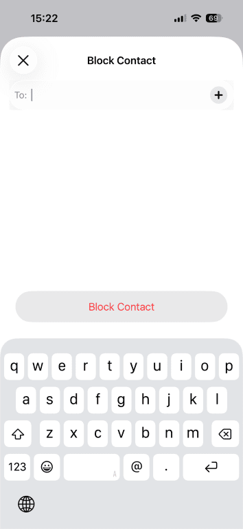 Process of adding a blocked contact on an iPhone.
