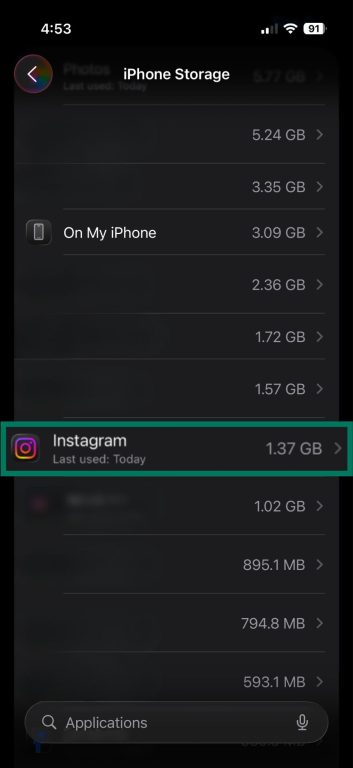 iPhone Storage list showing Instagram's total occupied space.