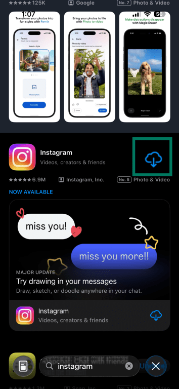 Instagram App Store page with download icon highlighted.