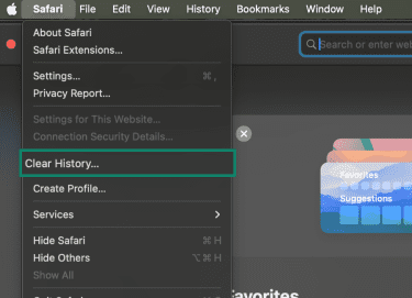 Safari main menu open with the Clear History… option highlighted.
