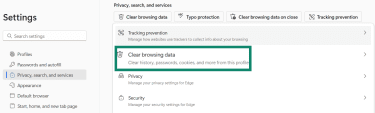 The Edge privacy, search, and services page is open and Clear bowsing data is highlighted.