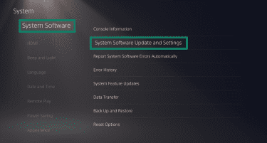 System software and update settings on PlayStation 5.