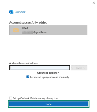 "Done" option highlighted on an Outlook confirmation page.