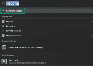 macOS search function showing how to find Keychain Access