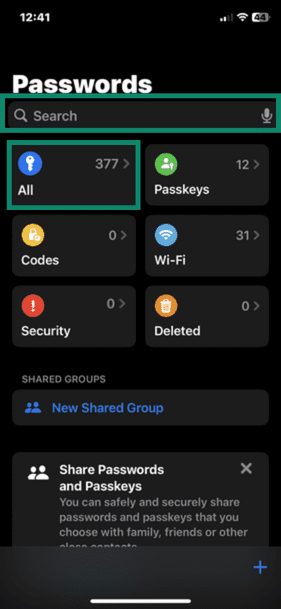 iOS Passwords app open showing search bar and password categories