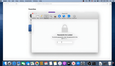 Mac's Safari Preferences tab open with Passwords selected and user password prompt