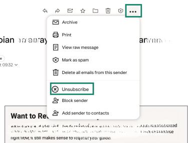 Yahoo Mail three-dot menu showing the Unsubscribe option.