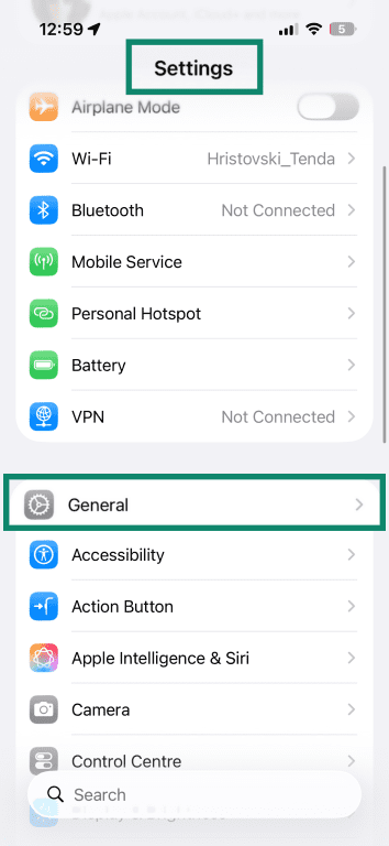 General menu in iPhone settings.