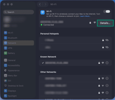 Accessing connected Wi-Fi settings on macOS.