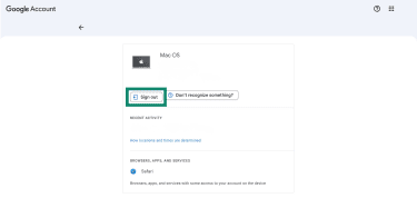 The Google Acount page with a selected device, and the "Sign Out" button highlighted.