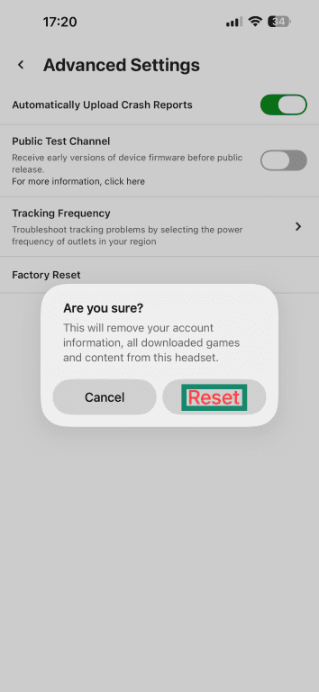 Tap the Reset button to start the factory reset process and wait for it to finish.